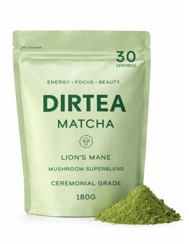 DIRTEA Matcha Powder - 100% Japanese Ceremonial Grade Matcha with Lions Mane & Tremella - 2,500mg per Serving - Vegan & Non GMO - 180g - 30 Servings