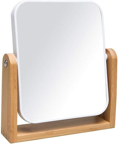 MEETOZ Miroir de maquillage de table avec support en bambou naturel, 20,3 cm, 1X/3X, miroir de maquillage de table (blanc-rectangle)