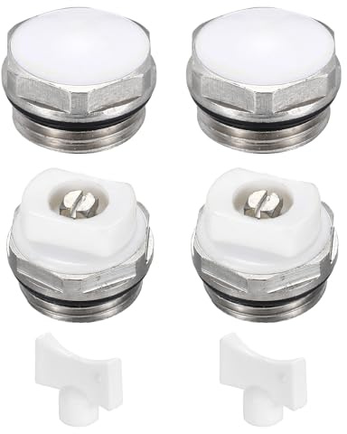 PATIKIL 2 Juegos De Válvulas De Purga De Aire Color Plata Blanco | Para Radiador Manual Con Rosca Macho 1/2 BSP Y Llave, Tapón De Latón Niquelado Para Radiador Y Calentador