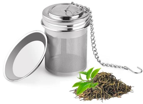 iJiZuo Filtro per tè in Acciaio Inox, Colino da tè con Maglia, con Catena Lunga e Vassoio Raccogligocce Rotondo, per Foglie di tè e Spezie e Condimenti