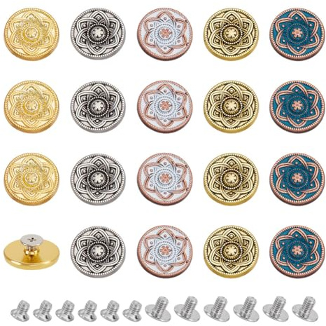 AHANDMAKER 20Pcs 5 Colors Metal Decorative Rivets, 17mm Vintage Flower Pattern Rivet Studs Flat Round Screw Back Buttons for DIY Crafts, Purse, Bags, Leather Decoration