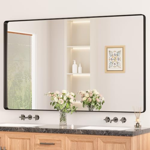 Keonjinn Wand Spiegel Schwarz 152x90cm, Badezimmerspiegel Badspiegel mit Metallrahmen, Gehärtetes Glas Rechteckiger Spiegel Flur für Badezimmer, Wohnzimmer, Schlafzimmer, Wanddekoration