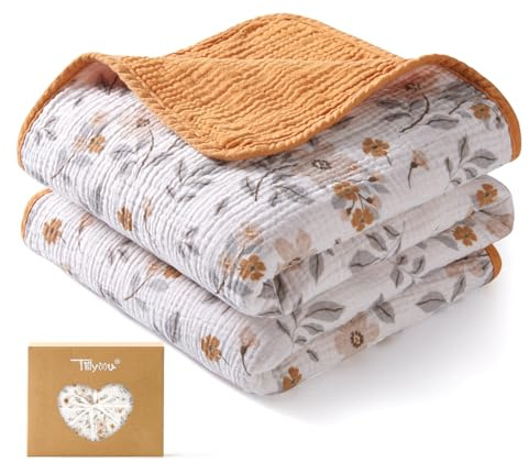 TILLYOU Musselin Decke Baby 4-lagig Pucktuch Baby 75x100 cm Musselintücher Baby Decke Baumwolle Baby Decke Neugeborenen Babydecke, Gelber Jasmin