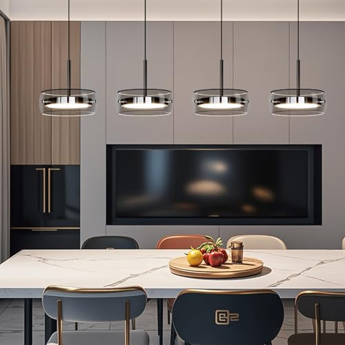Aleaty Moderne LED-Pendelleuchte Wohnzimmerlampe mit Kristall Glas Anhänger Lampe Esstisch Hängeleuchte Höhenverstellbar mit Fernbedienung Pendellampe für Kücheninsel Esszimmer Wohnzimmer (4 Köpfe)