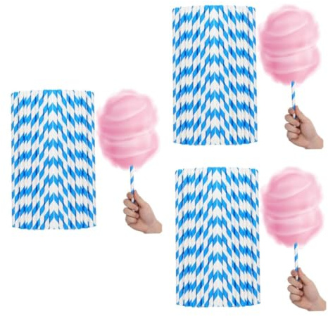 Ciieeo 150 pcs Cotton Candy Paper Sticks Commercial Grade for Automatic Machines Vibrant Blue White Striped Candy Holder Sticks for Birthday Wedding Christmas Childrens Parties