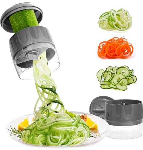 3-in-1 Vegetable Spiralizer Slicer, Adjustable Mandoline Spiral Cutter for Zucchini Noodles, Carrots, Cucumber (Grey)