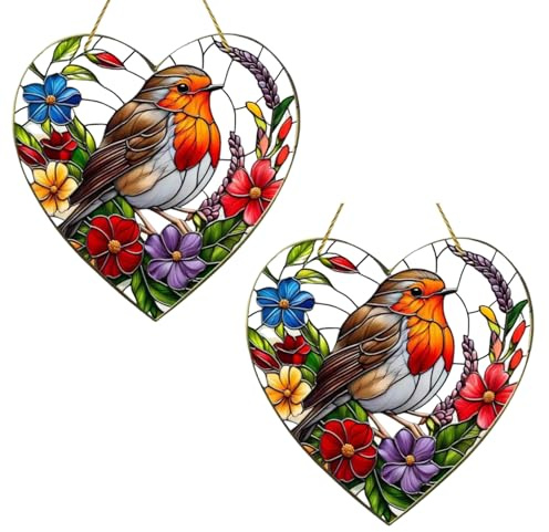Copbopwn 2Pcs Large Heart-Shaped Robin Sun Catcher for Windows, Robin Gifts, 20x20cm Stained Glass Effect Acrylic Hanging Ornament, Colorful Garden Present for Home Decor, Bird Lover Present