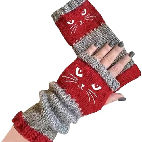 demaxiyad Strickhandschuhe ohne Finger – Stickerei Katze zum Heizen der Hände | warme Handschuhe mit offenen Fingern, für Frauen, Mädchen, Jugendliche, Pendeln, Aktivitäten im Freien, Shopping, Reisen