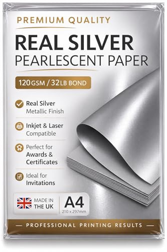 Premium Pearlescent Paper A4 (8.27 x 11.7”) 120gsm (32lb Bond) – Shimmer Cardstock Sheets for Inkjet & Laser Printers – Ideal for Certificates, Invitations, Menus & Crafts (50, Real Silver)
