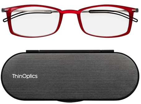 ThinOptics Brooklyn Lesebrille 1,50 rechteckiger roter Rahmen mit Milano-Magnetetui – dünn, leicht, kompakt, Stärke 1,50