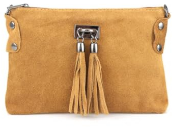 Made in Italy Damen Leder Clutch Tasche Messenger Bag Henkeltasche Wildleder Handtasche Umhängetasche Ledertasche Schultertasche Beuteltasche Fransen Cross-Over Cognac