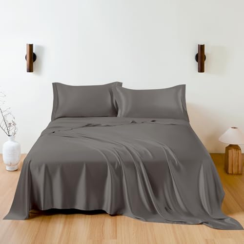 THXSILK 100% Mulberry Silk Sheet Set, 7A+ Silk Sheet Set Soft Breathable, Luxury Bedding (1 Flat Sheet, 1 Fitted Sheet, 2 Pillow Shams) King, Charcoal