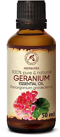 Geranio Aceite Esencial Bourbon 50ml - Pelargonium Graveolens - Madagascar - 100% Puro - Aromaterapia - Difusor - Lámpara de Fragancia - SPA - Fragancia de Habitación - Mezclas de Masaje