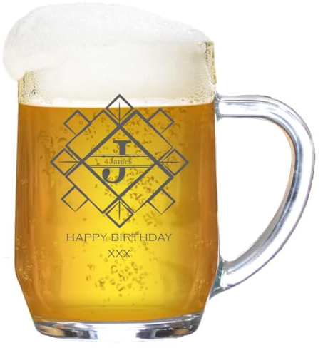 Personalised Tankard ‘Monogram Modern Square’ Engraved Beer Glass Stein | 1 Pint Beer Mug | Gift for Birthdays Wedding, Anniversary | Customise with Any Initial, Name and Message, 590 ml