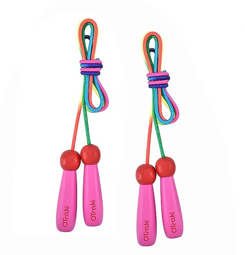 OTraki Hopprep för barn, 2-pack, justerbar längd, hoppande rep med halkfritt trähandtag för pojkar, flickor, sport, fitness, gym, utomhusaktiviteter