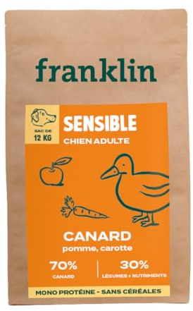 Franklin – Nourriture pour Chien sans Céréales – Gamme Protéinée – avec 70% de Canard – Mono-protéine – Digestion Facile – Forme Ronde 13mm – 12 kg