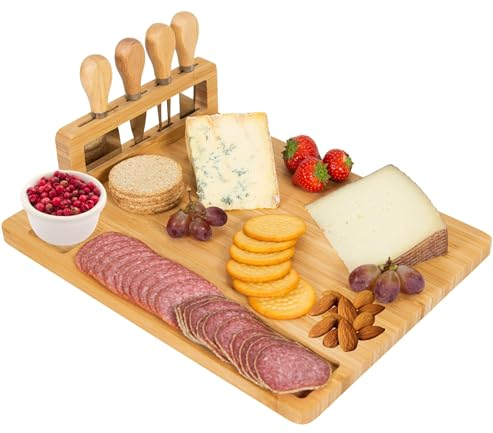 Giggi Bamboo Cheese Board Gift set | Cheese Board with 4 Piece Cheese knives | Charcuterie Board | Cheese board and knife set for Birthday Gifts Parties Perfect Cheese board set