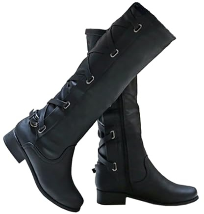 Syktkmx Womens Strappy Motorcycle Knee High Boots Winter Lace Up Riding Flat Low Heel Shoes, Black, Size 9