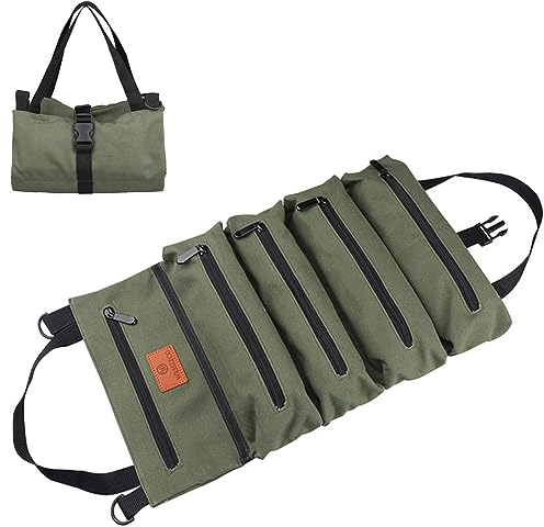 Werkzeug Rolltasche, wasserabweisende Oxford-Stoff Tasche, Multifunktions-Rolltasche mit 5 Reißverschlusstaschen – Ideale Wahl für Installateure, Mechaniker und Elektriker (Grün)