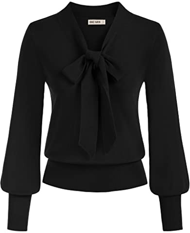 GRACE KARIN Blusa Vintage a Manica Lunga a Tinta Unita V-Scollo con Fiocco da Sposa da Cerimonia Nero L