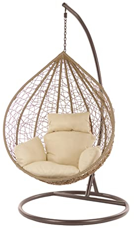 KIDEO Komplettset: großer Hängesessel mit Gestell & Kissen, XXL Korbsessel, Poly-Rattan, (Korb: Hellbraun & Gestell: braun, Kissen: Hellbraun Nest (7007_capucchino))