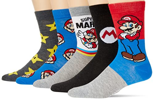 Mario Men's 5 Pack Crew Socks, Grey Multi, 9-13 UK