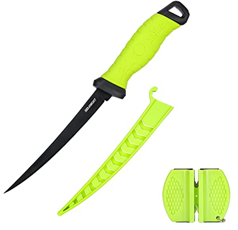 Seaknight Angelmesser 5 7 9 Rasiermesser scharfe Edelstahlklinge Filetmesser Rutschfester Gummigriff inklusive Schutzscheide und Schärfer (7)