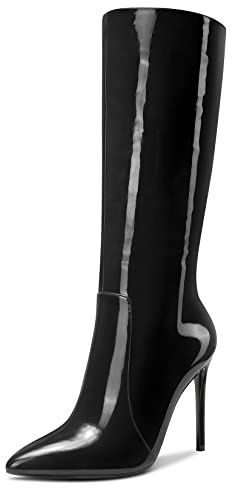 Aachcol Mujer Aguja Alto High Heel Caña Media Botas Cremallera Cerrado el Dedo del pie Puntiaguada Punta Dress Zapatos Charol Negro 10 CM 37 EU