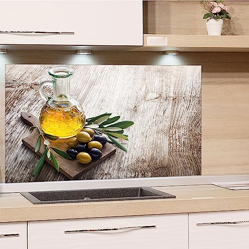 GRAZDesign Spritzschutz Küchenrückwand Glas Küche für Herd & Küchenspüle, Holzoptik mit Oliven | Glasplatte für Rückwand Küchenwand Wandschutz | 60x40cm