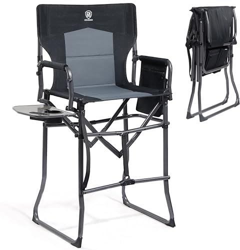 EVER ADVANCED 78CM Sitzhöhe Regiestuhl Hoch Klappbar, Make Up Stuhl Faltbar 160KG Belastbar mit Beistelltisch&Seitentasche, Schminkstuhl für Make-up Artist, Sportveranstaltung, Bar-Stuhl，Schwarz-Grau