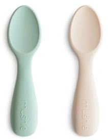 mushie Silicone Toddler Starter Spoons | 2 Pack (Cambridge Blue/Shifting Sand)