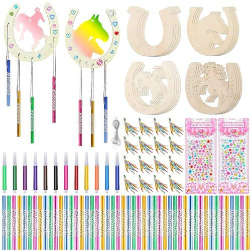 DAZZTIME Windspiel Bastelset Kinder,91 Stück Holz Hufeisen Windspiel Bastelset,Holz Hufeisen Basteln,Hufeisen Kindergeburtstag,Hufeisen Holz,für Mädchen Junge Diy Bastelset Geburtstagsdeko.