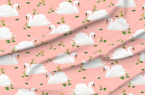 Spoonflower Fabric - Swan Pink Bird Animal Lake Pond Feminine Landscape Ballerina Nursery Printed on Polartec(R) Fleece Fabric by The Yard - Sewing Blankets Loungewear and No-Sew