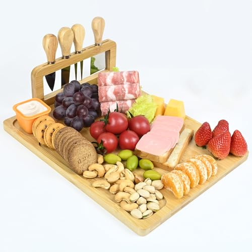 Käsebrett mit Käsemesser Set, Bambus Käseplatte, Das Charcuterie Board ist EIN Tolles Einweihungsgeschenk, Geburtstagsgeschenk für Käseliebhaber