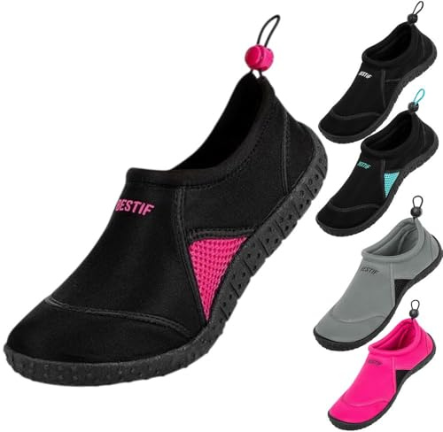 BESTIF Badeschuhe Herren Damen | Schwimmschuhe Neopren Wasserschuhe Kordelzug | Leicht und Bequem | Gr. 36-45 (Schwarz-Rosa, 38)