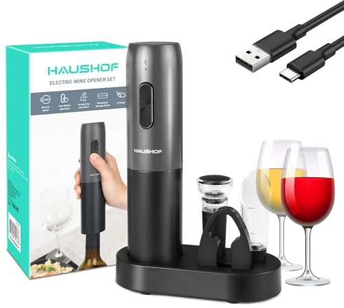 HAUSHOF Elektrischer Weinflaschenöffner mit Ständer, 4-in-1 Weinöffner Set, Elektrischer Korkenzieher mit Vakuum-Weinverschluss, Folienschneider, Weinausgießer, Öffnet bis zu 80 Flaschen, Für Familien