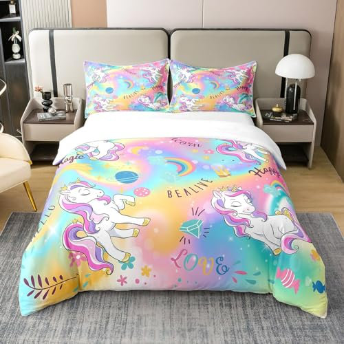 100 Prozent Baumwolle Einhorn Bettbezug 155x220 Cartoon Regenbogen Bettwäsche Set,Nette Einhorn Tröster Bezug Krawatte Färbung Pastell Gold Stern Regenbogen Bettbezug mit 1 Kissenbezug Aquarell Kunst