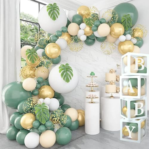 111pcs Decorazioni Palloncini e 4pcs Scatole Baby Shower con Lettere (BABY),Kit Arco Palloncini Verdi,Palloncini Bianchi e Oro,Ghirlanda Palloncini Verde Salvia para Compleanno,Baby Shower,Festa