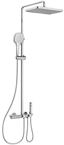 BiaoTeng Colonne de Douche Avec Mitigeur pour BaigNoire, Mural 4 Fonctions en Laiton Avec Douchette Colonne de Douche Réglable en Hauteur, Chrome