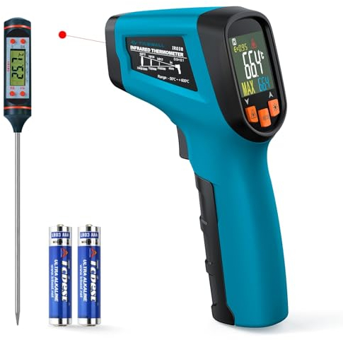 Tilswall Infrared Thermometer Gun, Laser Temperature Gun, -50°C~600°C (-58F~1112F) with Adjustable Emissivity, for Cooking/Pizza Oven/BBQ/Vehicle Repair, Meat Thermometer included，Not for Human