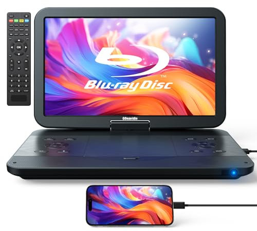 GOnavidio Lettore DVD Blu-Ray portatile con display HD 1920 x 1080 da 44,5 cm (17,4 pollici), batteria 5 ore, audio surround, supporta HDMI In/Out, lettore di schede USB/SD, riproduzione MP4