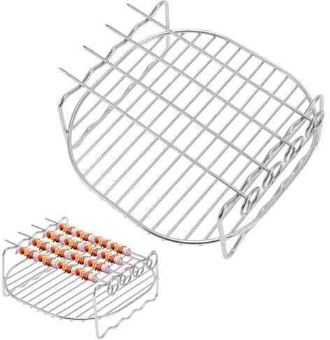 CAPASTEC Rejilla Doble para Freidora De Aire Plateado 1 Pc Inoxidable | Material Acero Inoxidable 201, Tamaño 17X17X7Cm, Incluye 4 Pinchos, Diseño Apilable, Superficie Antiadherente