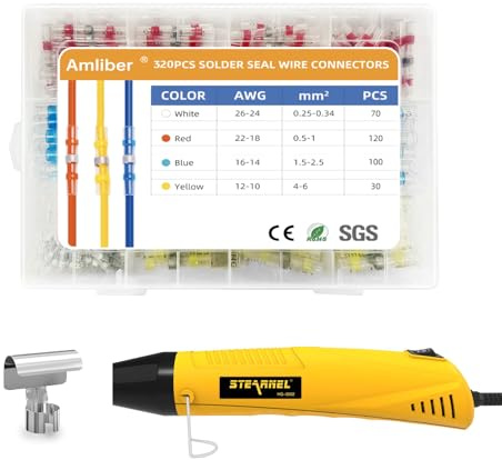 Amliber 320PCS Solder Stick Wire Connectors with Heat Gun 400W, Solder Seal Wire Connectors Solderstick Waterproof Solder Wire Connector Kit for Marine, Automotive, Boat, and Truck Wiring(26-10 AWG)