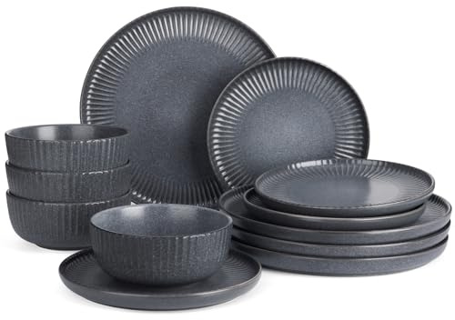 Richmount Starlight Geschirrset, 12-teiliges Teller Set, Geschirrset 4 personen, Geripptes Strukturiertes Geschirr, Mikrowellen & Spülmaschinenfest, Anti-Kratzer, Reaktive Glasur, Matt Schwarzgrau