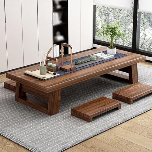 Juego de mesa de suelo de estilo japonés antiguo con 4 taburetes, mesa de té vintage y mesa baja para sala de estar y comedor