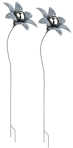 Kobolo Gartenstecker Blume Gray Flower, 2er Set, Silber, Metall, 30x30x124 cm, Moderne Blumenstecker mit Edelstahlkugel, Zeitlose Dekostecker für den Outdoorbereich