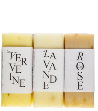 TERRES DOREES - Coffret de 3 Savons Artisanaux - 150 Grs - Parfumés Verveine, Lavande et Rose - 100% Végétal et Naturel - Hydratant pour peaux Mixtes