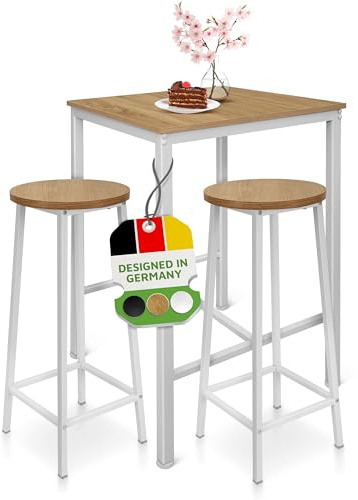 BeFair Bartisch Set Eiche und Weiß - Stehtisch mit 2 Barhockern - Hochtisch mit Barstühlen - Tisch 60x60x100 cm, Hocker 70 cm Höhe für Küche