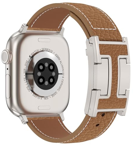 CHANCHY Leather Straps for Apple Watch Strap 40mm 41mm 42mm(Series 10 11), Replacement Genuine Leather Strap for iWatch SE 3 2 1/ Series 11 10 9 8 7 6 5 4 3 2 1, Brown+Starlight Bucker