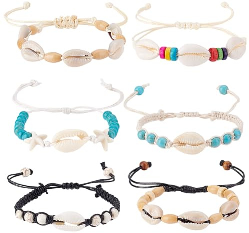 AHANDMAKER 6 st skalarmband vristlänk set naturliga turkosa cowrie-pärlor snäckskal ankel smycken för kvinnor handgjord boho justerbar sjöstjärna fotkedja hav Hawaii strandfester